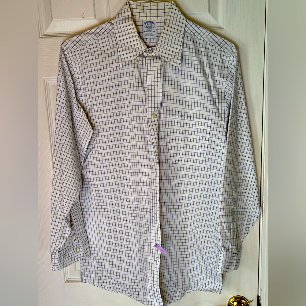 Brooks Brothers Regent Non-Iron Supima Shirt - Cream/Navy Grid, 15 1/2 - 32
